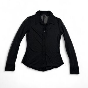 AZIZ Women’s Black Mesh Button-Up Blouse – Size Medium